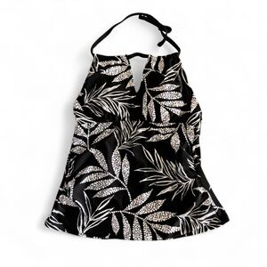 Black and White Leaf Print Halter Swim Top
